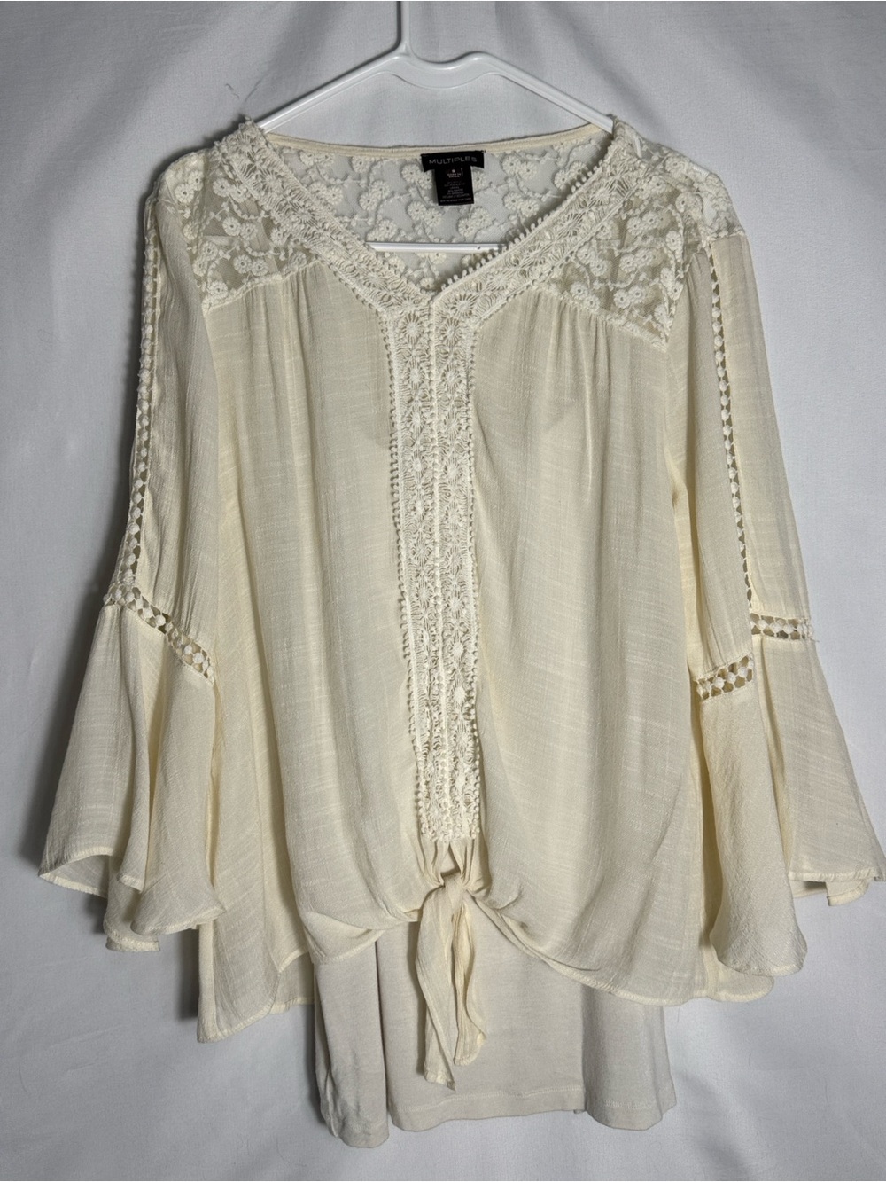 Multiples Boho Lace Trim Front Tie Bell Sleeve Cream Blouse